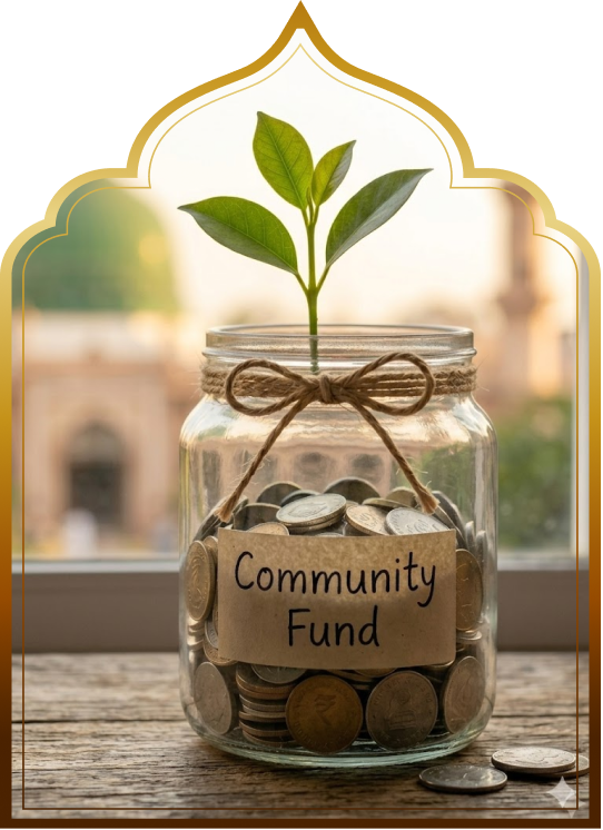 Community fund donation jar with a plant growing from coins