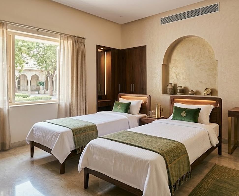 Musafarkhana accommodation room with comfortable twin beds