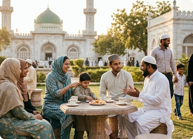 Community members gathering together outside a mosque